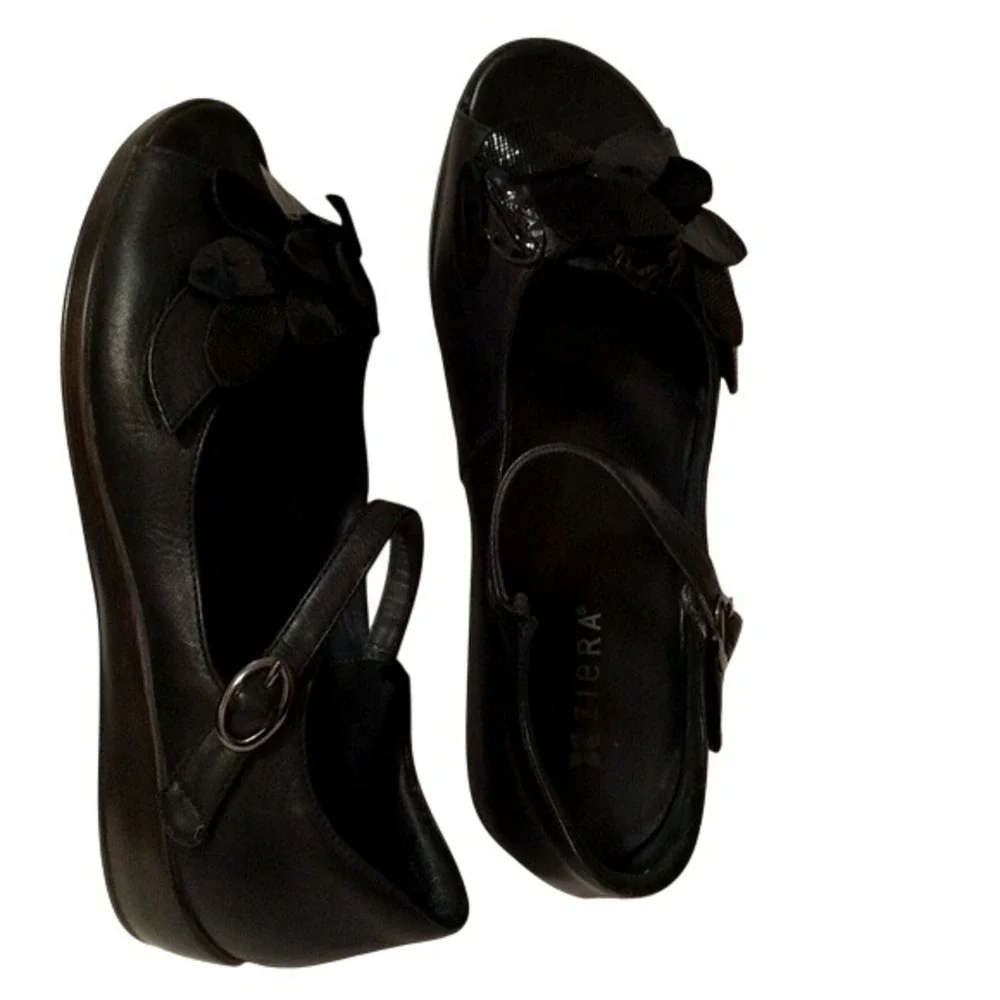 Ziera Women's Mary Janes Black Leather Floral  Shoes Flower Sz 40‎ US